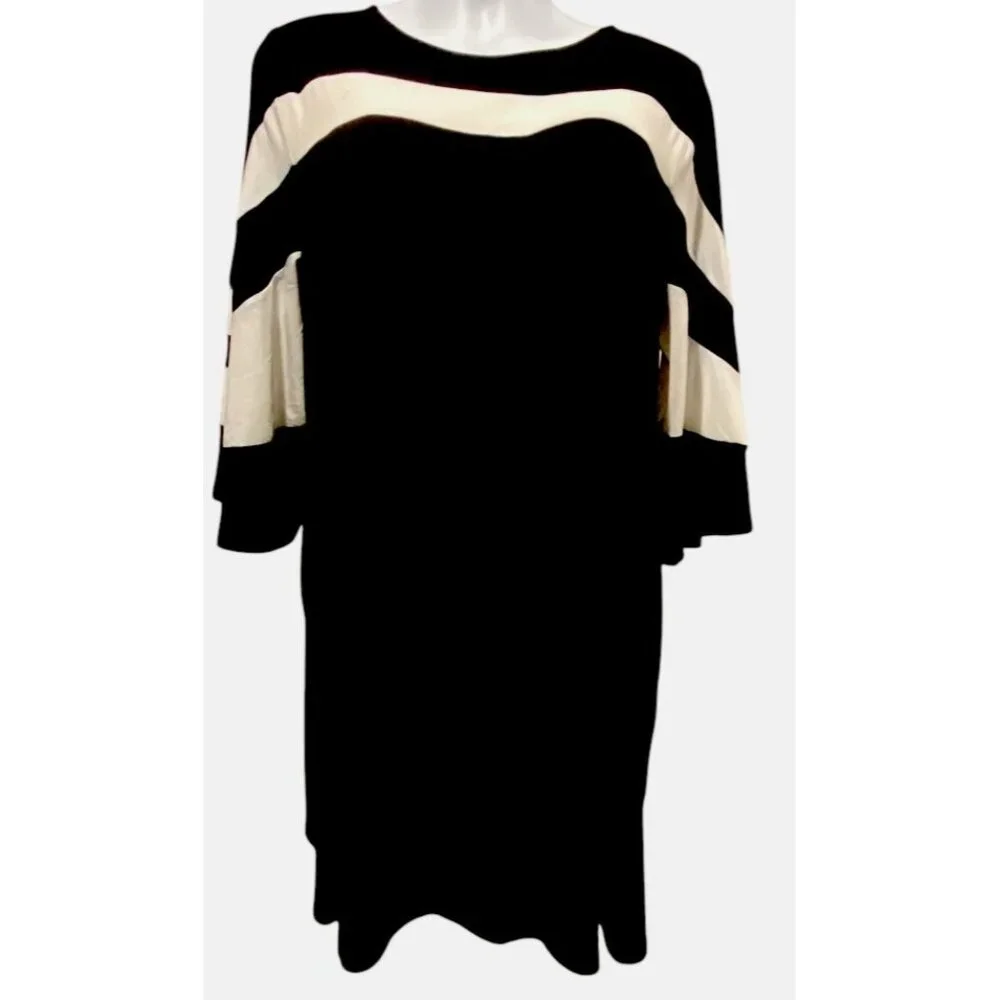 Nina Leonard Dress Womens 1X Stretch Jersey Shift Swing‎ Knee Flare Sleeve Black